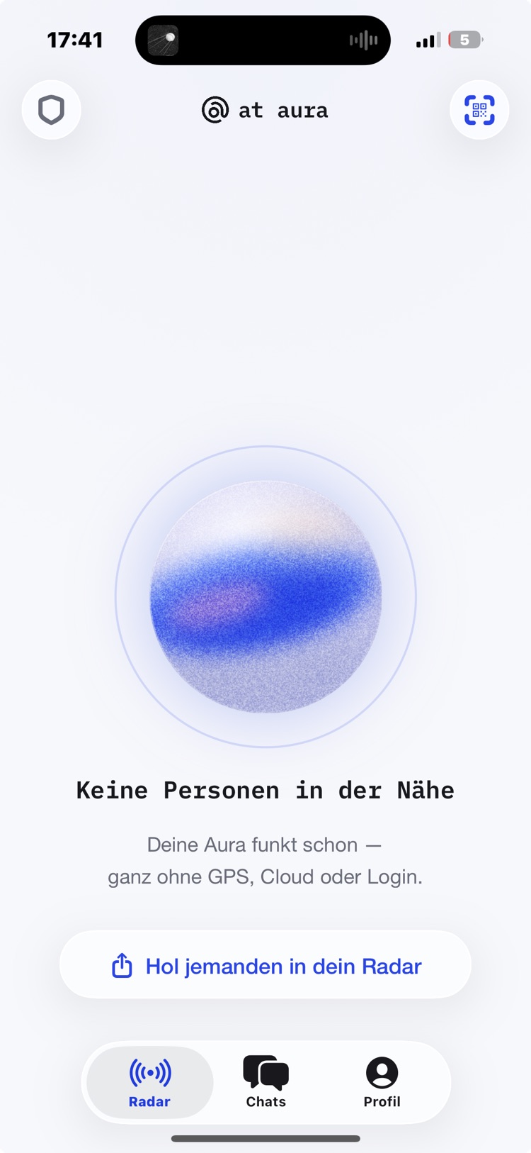Radar-Ansicht der App: die eigene Aura funkt, niemand in der Nähe — ganz ohne GPS, Cloud oder Login